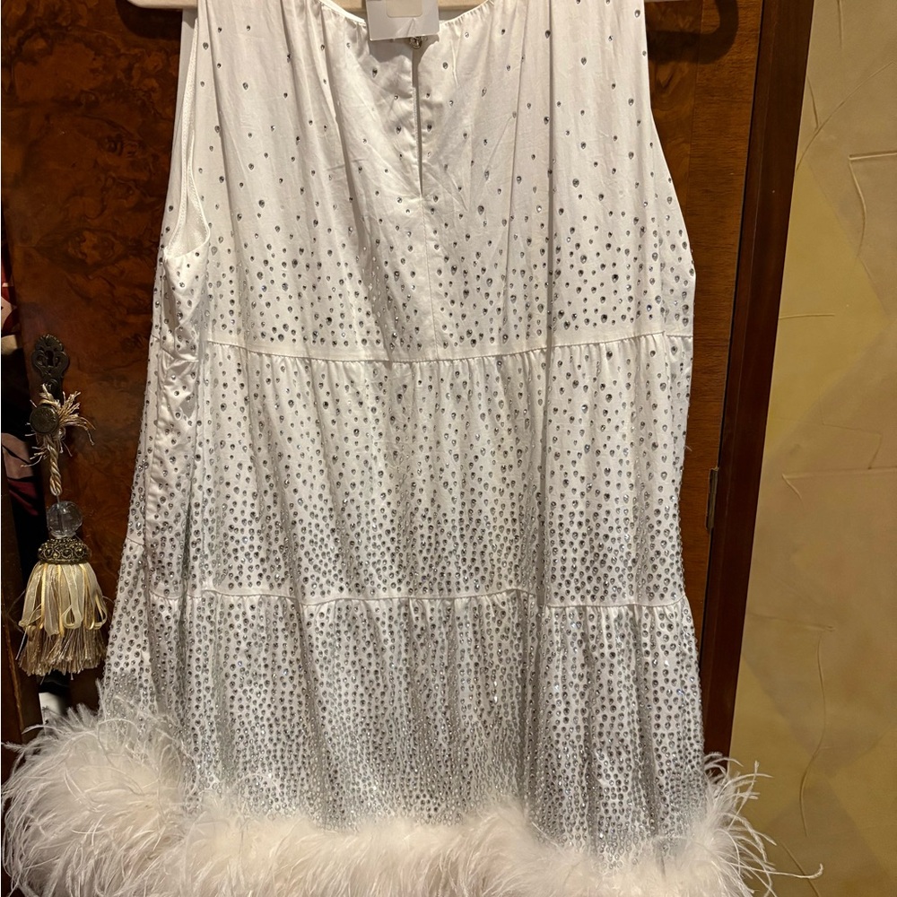 QUEEN OF SPARKLES White Mini Dress with Silver Accents
